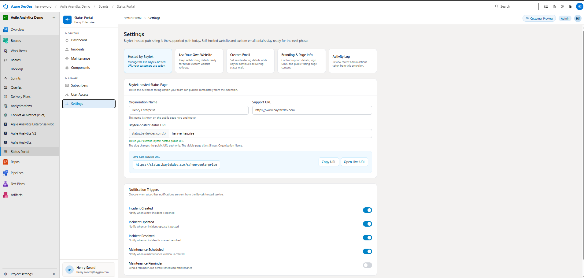Settings page showing hosted status page configuration and notification trigger toggles
