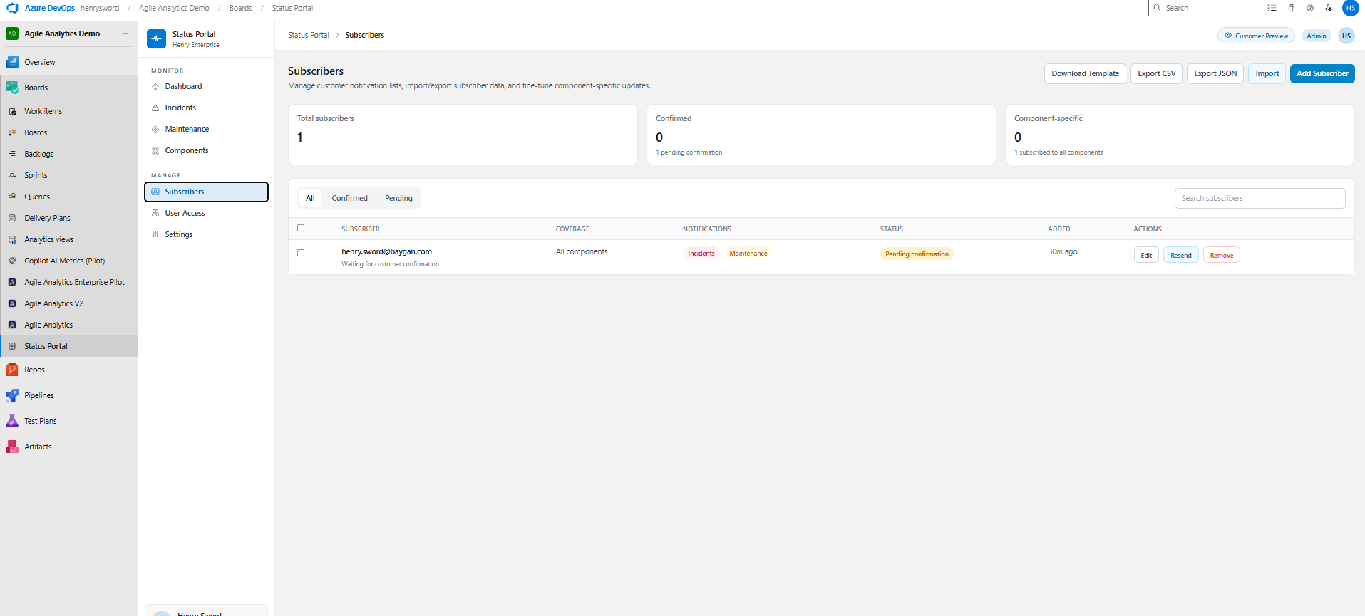 Subscribers management page showing subscriber list with status and notification preferences